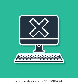 Blue Computer with keyboard and x mark icon isolated on green background. Error window, exit button, cancel, 404 error page not found concept.  Vector Illustration