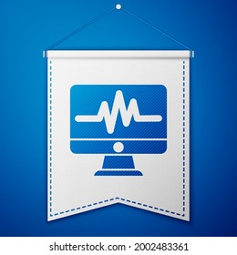 Blue Computer monitor with cardiogram icon isolated on blue background. Monitoring icon. ECG monitor with heart beat hand drawn. White pennant template. Vector Illustration