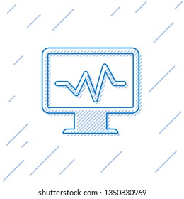 Blue Computer monitor with cardiogram line icon isolated on white background. Monitoring icon. ECG monitor with heart beat hand drawn. Vector Illustration