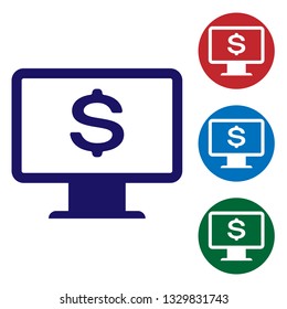 Blue Computer monitor with dollar icon isolated on white background. Internet financial security concept, online finance protection. Set color icon in circle buttons. Vector Illustration