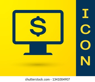 Blue Computer monitor with dollar icon isolated on yellow background. Internet financial security concept, online finance protection. Vector Illustration