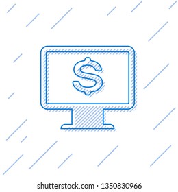Blue Computer monitor with dollar line icon isolated on white background. Internet financial security concept, online finance protection. Vector Illustration
