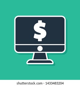 Blue Computer monitor with dollar symbol icon isolated on green background. Online shopping concept. Earnings in the Internet, marketing.  Vector Illustration