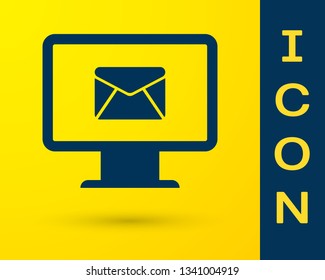 Blue Computer monitor and envelope, new message, mail, email icon isolated on yellow background. Usage for e-mail newsletters, headers, blog posts. Vector Illustration