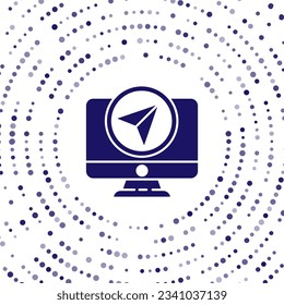 Blue Computer monitor and folded map with location marker icon isolated on white background. Abstract circle random dots. Vector Illustration