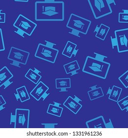 Blue Computer monitor with graduation cap icon isolated seamless pattern on blue background. Online learning or e-learning concept. Internet knowledge symbol. Vector Illustration
