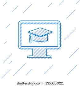 Blue Computer monitor with graduation cap line icon isolated on white background. Online learning or e-learning concept. Internet knowledge symbol. Vector Illustration