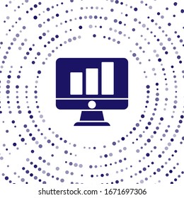 Blue Computer monitor with graph chart icon isolated on white background. Report text file. Accounting sign. Audit, analysis, planning. Abstract circle random dots. Vector Illustration