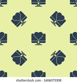 Blue Computer monitor with heart icon isolated seamless pattern on yellow background. Valentines day.  Vector Illustration
