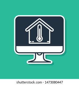 Blue Computer monitor with house temperature icon isolated on green background. Thermometer icon.  Vector Illustration