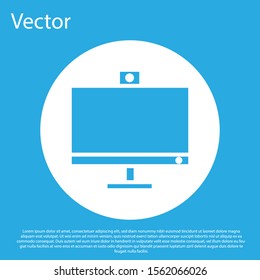 Blue Computer monitor icon isolated on blue background. PC component sign. White circle button. Vector Illustration