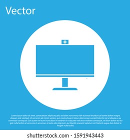 Blue Computer monitor icon isolated on blue background. PC component sign. White circle button. Vector Illustration