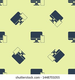 Blue Computer monitor and mobile phone icon isolated seamless pattern on white background. Earnings in the Internet, marketing.  Vector Illustration