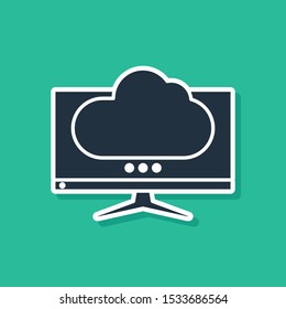 Blue Computer monitor screen icon isolated on green background. Electronic device. Front view.  Vector Illustration