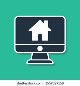 Blue Computer monitor with smart home icon isolated on green background. Remote control.  Vector Illustration