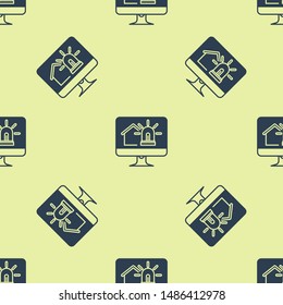 Blue Computer monitor with smart house and alarm icon isolated seamless pattern on yellow background. Security system of smart home.  Vector Illustration