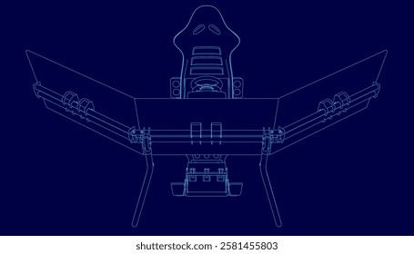 A blue computer monitor with a steering wheel and a blue chair. The chair is positioned in front of the monitor. Game simulator outline