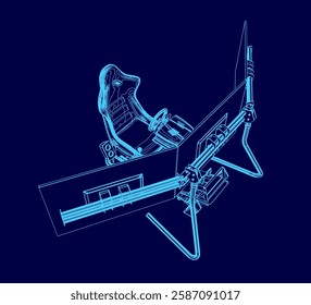 A blue computer monitors with a game armchair and steering wheel. Isometric view