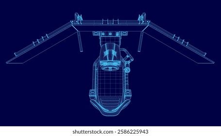 A blue computer monitors with a steering wheel. Top view