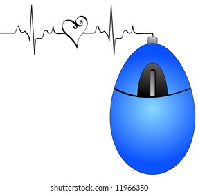 blaue Computermaus mit Verbindungskabel mit Herzrhythmus - Internet-Liebesverbindung - Vektorgrafik