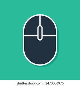 Blue Computer mouse icon isolated on green background. Optical with wheel symbol.  Vector Illustration