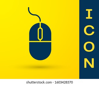 Blue Computer mouse icon isolated on yellow background. Optical with wheel symbol.  Vector Illustration
