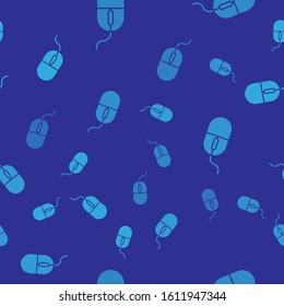 Blue Computer mouse icon isolated seamless pattern on blue background. Optical with wheel symbol.  Vector Illustration