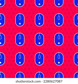 Blue Computer mouse icon isolated seamless pattern on red background. Optical with wheel symbol.  Vector