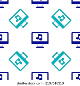 Blue Computer with music note symbol on screen icon isolated seamless pattern on white background.  Vector