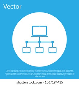 Blue Computer network icon isolated on blue background. Laptop network. Internet connection. White circle button. Flat design. Vector Illustration