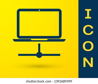 Blue Computer network icon isolated on yellow background. Laptop network. Internet connection. Vector Illustration