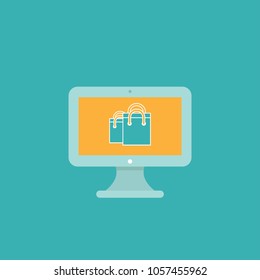 Blue computer with orange screen and shopping bags on it. Flat vector simple icon. web shopping illustation. Internet shop symbol. Good for web and mobile design. blue background