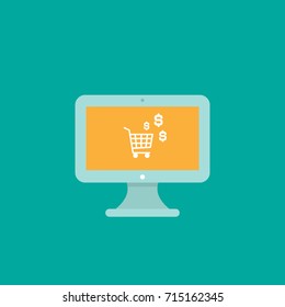 Blue computer with orange screen and shopping cart and dollar signs on it. Flat vector simple icon. web store illustration. Internet shop symbol. Good for web and mobile design. Turquoise background