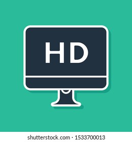 Blue Computer PC monitor display with HD video technology icon isolated on green background.  Vector Illustration