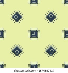 Blue Computer processor with microcircuits CPU icon isolated seamless pattern on yellow background. Chip or cpu with circuit board sign. Micro processor.  Vector Illustration