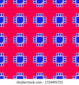 Blue Computer processor with microcircuits CPU icon isolated seamless pattern on red background. Chip or cpu with circuit board. Micro processor.  Vector Illustration