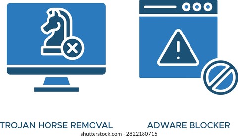 Blue computer screen warning icon symbol for malware removal and adware blocking