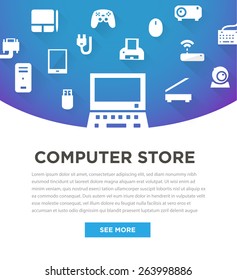 Blue computers device icons. Banner for store. Vector pictograms