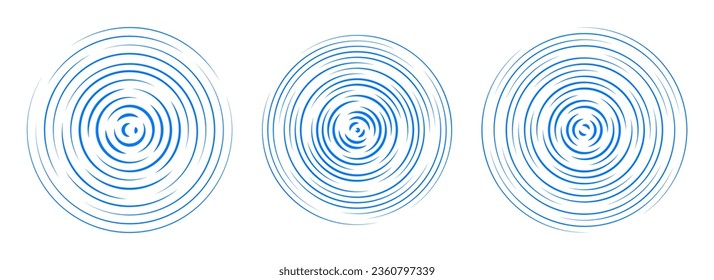 Conjunto de segmentos de círculo concéntrico azul. Fondo del patrón redondeado. Colección de anillos de ondas acústicas o de agua. Epicentro, objetivo, concepto de icono de radar. Elementos de señal radial o vibración. Vector