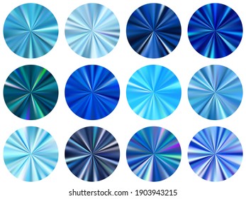 Blue concentric metallic gradient disk elements vector collection. Polished smooth medal shapes. Banner metal gradient texture backgrounds. Icon backgrounds graphic design.