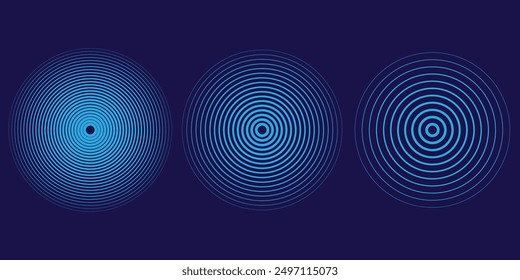 Blue concentric ripple circles set. Sonar or sound wave rings collection. Target, radar icon concept. Radial signal or vibration elements.