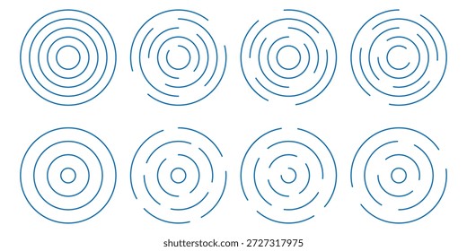 blaue konzentrische Rippelkreise gesetzt. Sonar- oder Schallwellenringsammlung. Epizentrum, Ziel, Radarsymbol-Konzept. Konzentrische Kreise gesetzt.