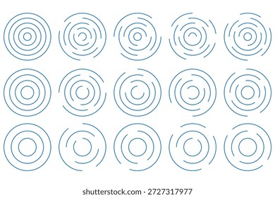 blaue konzentrische Rippelkreise gesetzt. Sonar- oder Schallwellenringsammlung. Epizentrum, Ziel, Radarsymbol-Konzept. Konzentrische Kreise gesetzt.