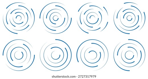 blaue konzentrische Rippelkreise gesetzt. Sonar- oder Schallwellenringsammlung. Epizentrum, Ziel, Radarsymbol-Konzept. Konzentrische Kreise gesetzt.