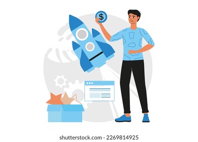 Blue concept business startup with people scene in the flat cartoon design. Man counts the money he received from his first startup. Vector illustration.