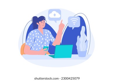Concepto azul servicio en la nube con la escena de la gente en el estilo de dibujos planos. Un especialista en Internet trabaja con servicios en la nube. Ilustración vectorial.