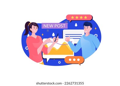 Blue concept content manager with people scene in the flat cartoon design. Two content managers working on creating content for the site. Vector illustration.