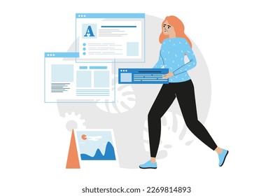Blue concept content manager with people scene in the flat cartoon design. Employee works on creating content for websites. Vector illustration.