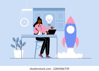 Blue concept Creative startup with people scene in the flat cartoon design. Girl wants to implement her creative ideas and launch her startup. Vector illustration.