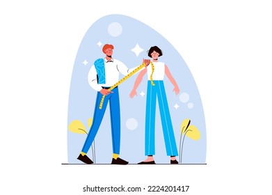 Blue concept Creative workers with people scene in the flat cartoon style. Designer measure a model to make new clothes for her. Vector illustration.